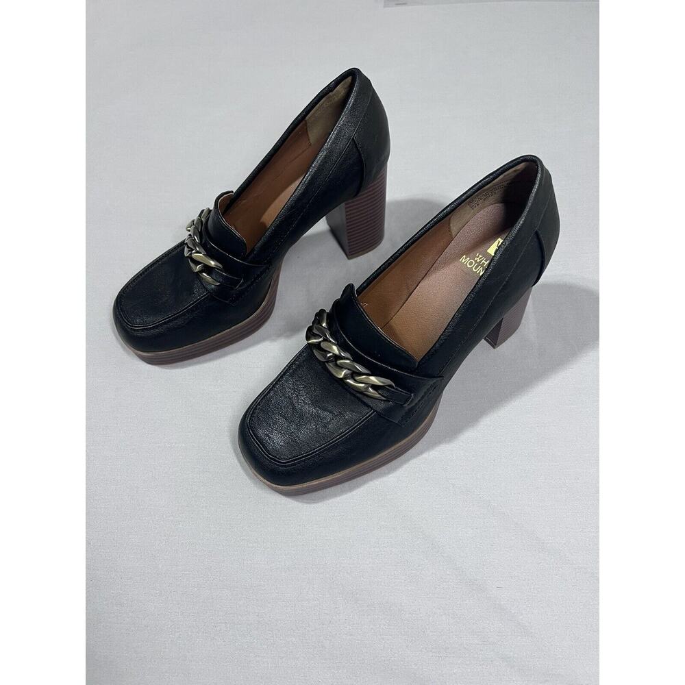 White Mountain Shoe Women 8 Black Loafer Heel Y2K 90s Chain Accent Dark Academia - Picture 2 of 9
